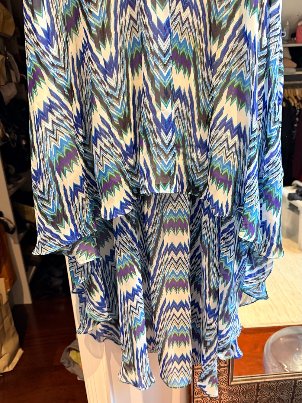 bebe Blue White Green Zigzag Asymmetrical Skirt